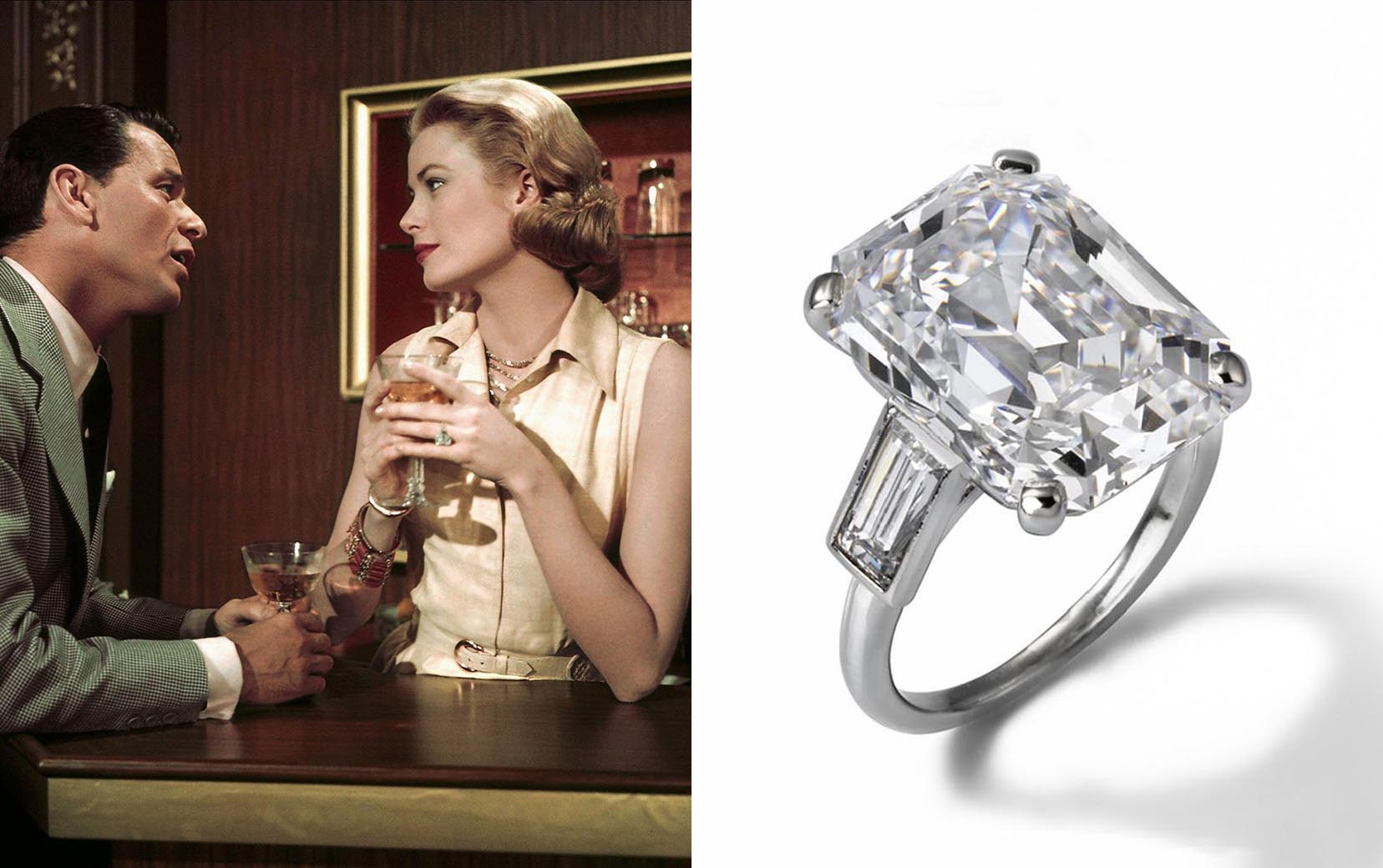 Diamonds in Movies Grace Kelly Engagement Ring and Frank Sinatra, High Society, 1956. (Source: Alamy), Grace Kelly Engagement Ring by Cartier. 
