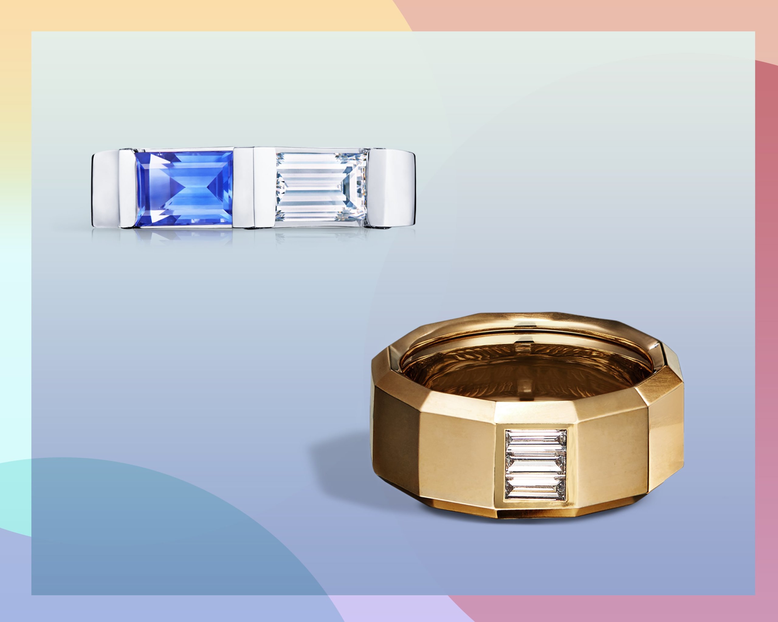 Sapphire and white diamonds set within east west engagement rings on platinum and yellow gold bands from Kwiat & David Yurman