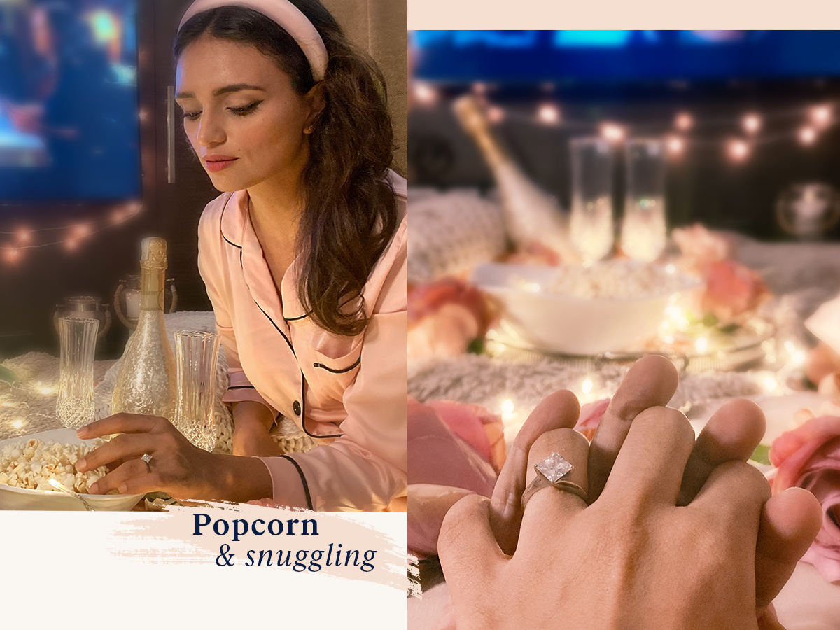 Roshni Chopra wearing a Princess-cut natural diamond solitaire engagement ring on her romantic movie night