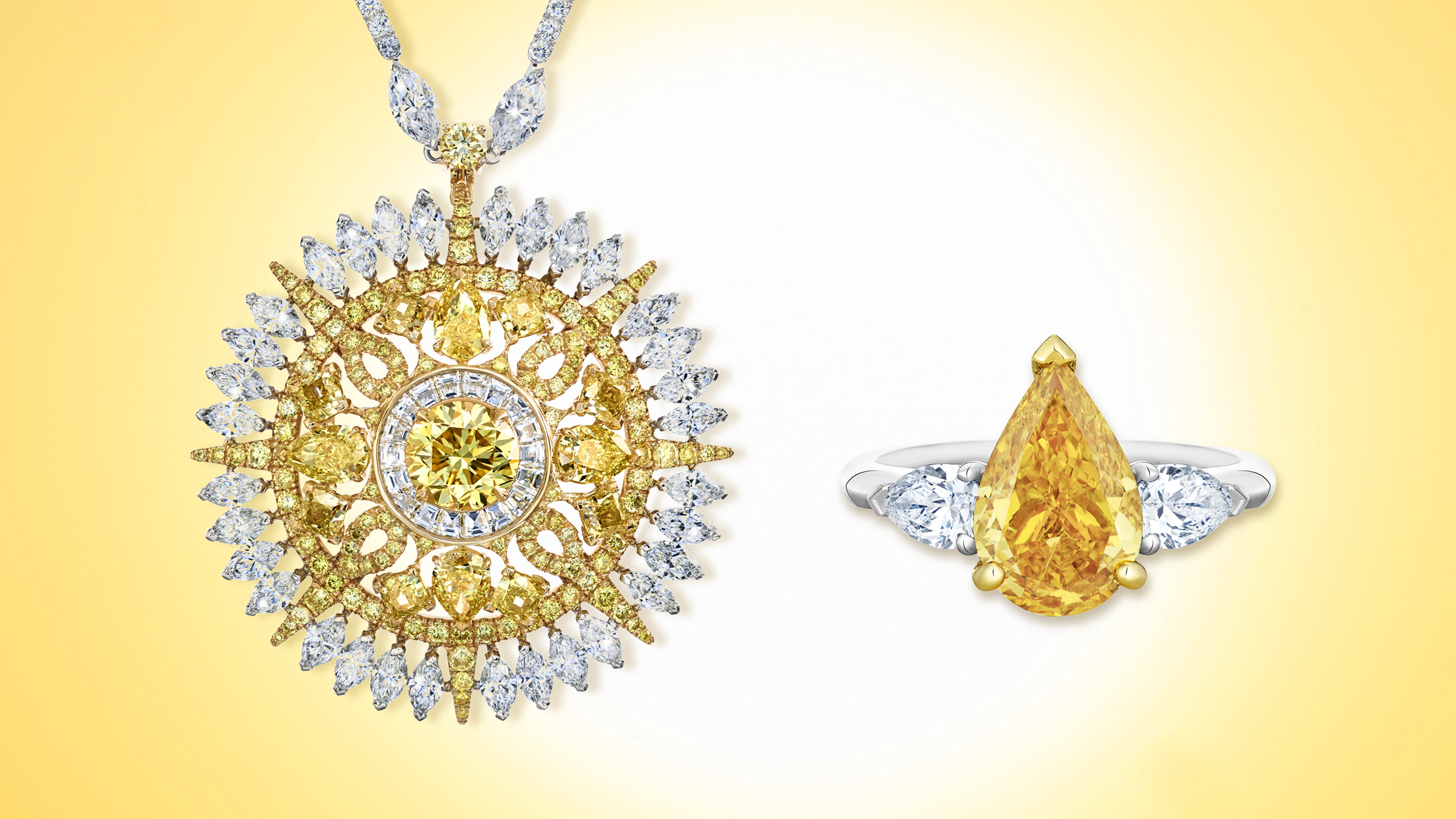 The Ra Medallion Necklace & Solitaire Ring: yellow round cut diamond pendant necklace & pear shaped yellow diamond ring