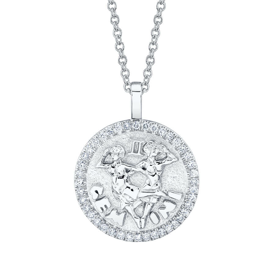 Gemini Zodiac Coin Pendant with Diamond Frame