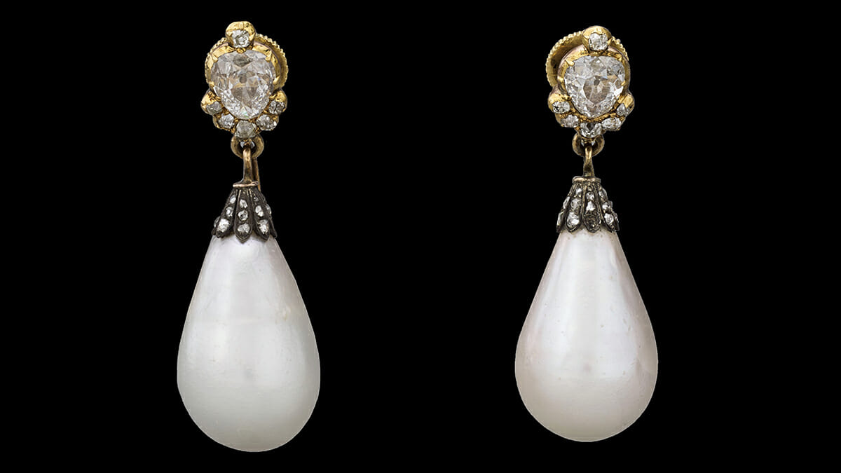 Chaumet exhibit  featuring Pair of Gold, Silver, Natural Pearls and Diamond Earrings