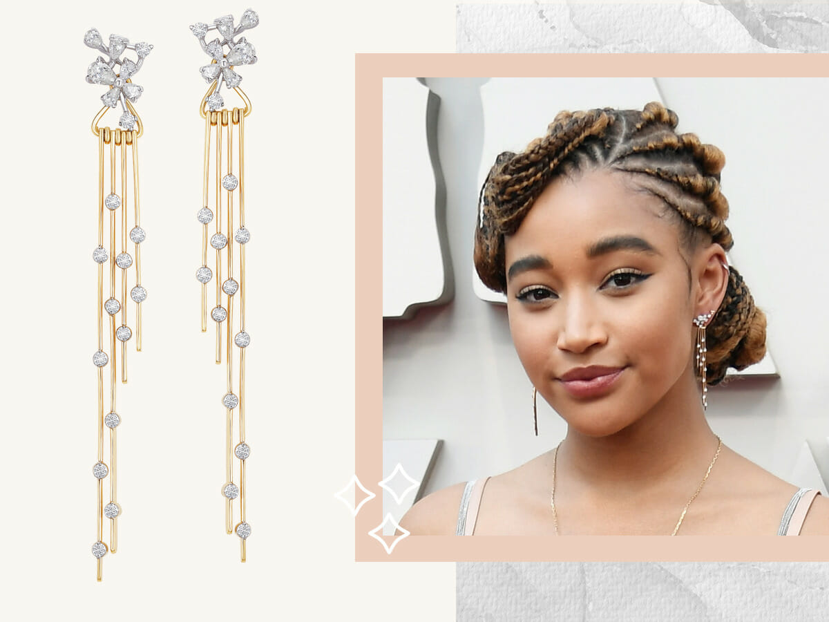 Amandla Stenberg wearing diamond drop earrings by OM Jewellers