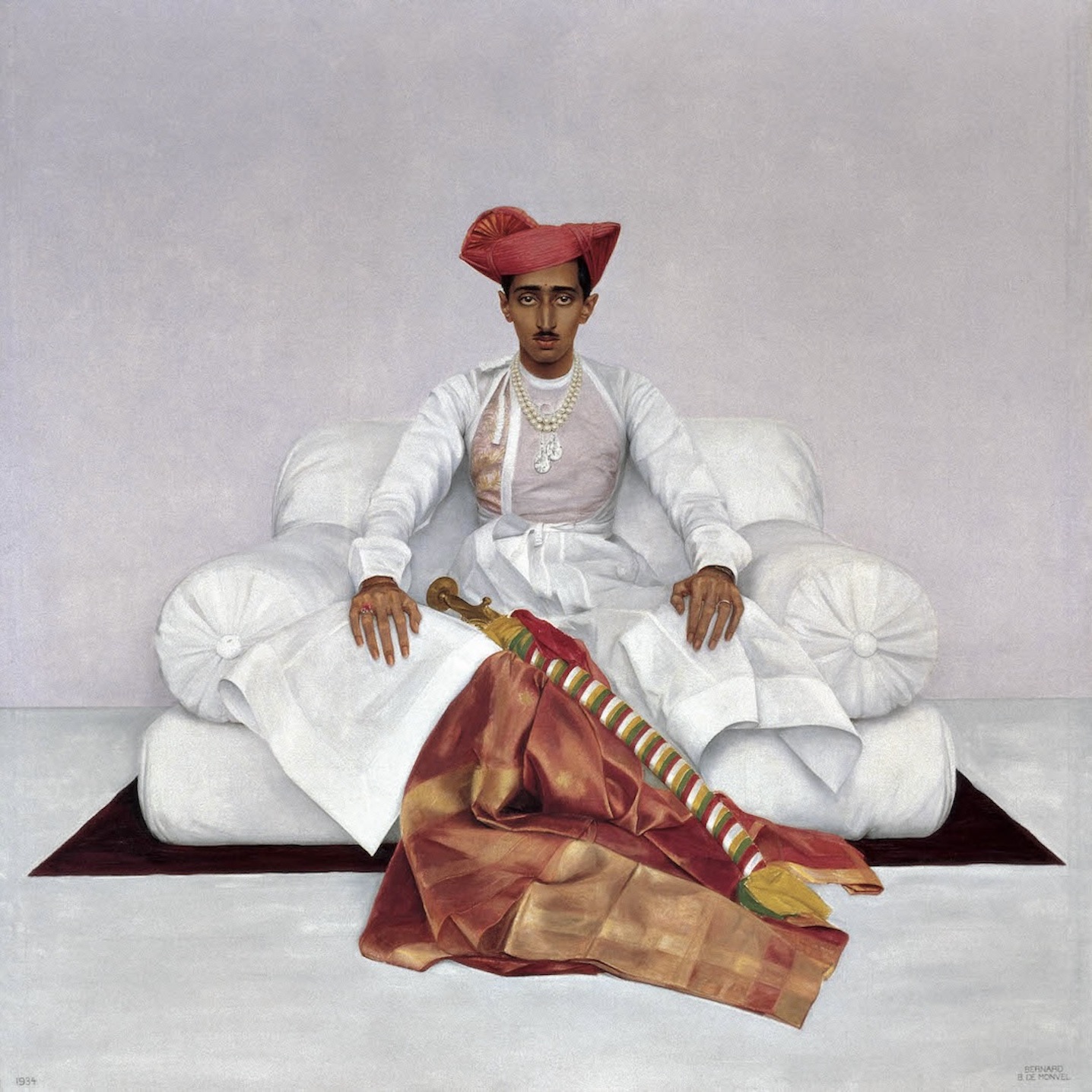 Oil-on-canvas painting by Bernard Boputet de Monvel, circa 1933-34, depicting Yashwant Rao Holkar II wearing the Chaumet necklace with  Indore Pear diamonds